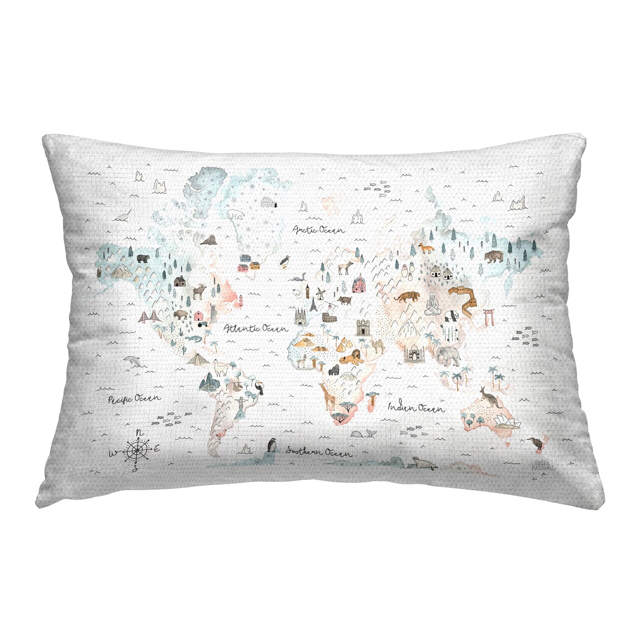 Stupell Industries Whimsical World Traveler Map Outdoor Printed Throw Pillow Design by Laura Marshall, 14 x 7 x 20
